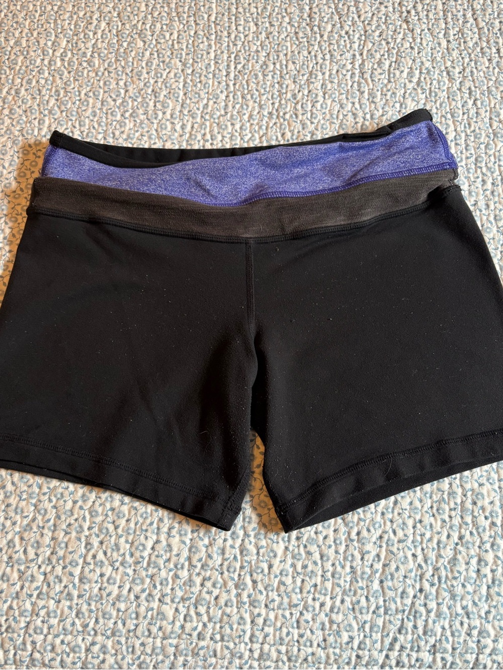 Lululemon Womenโs Black Athletic Shorts with Purple Waistband Size 6